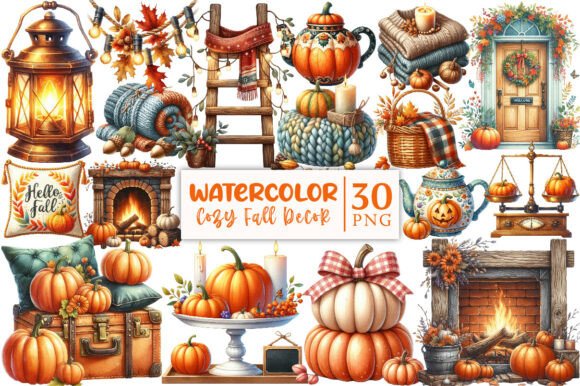 Download Watercolor Cozy Fall Decor Clipart - Fall decor clipart Collection